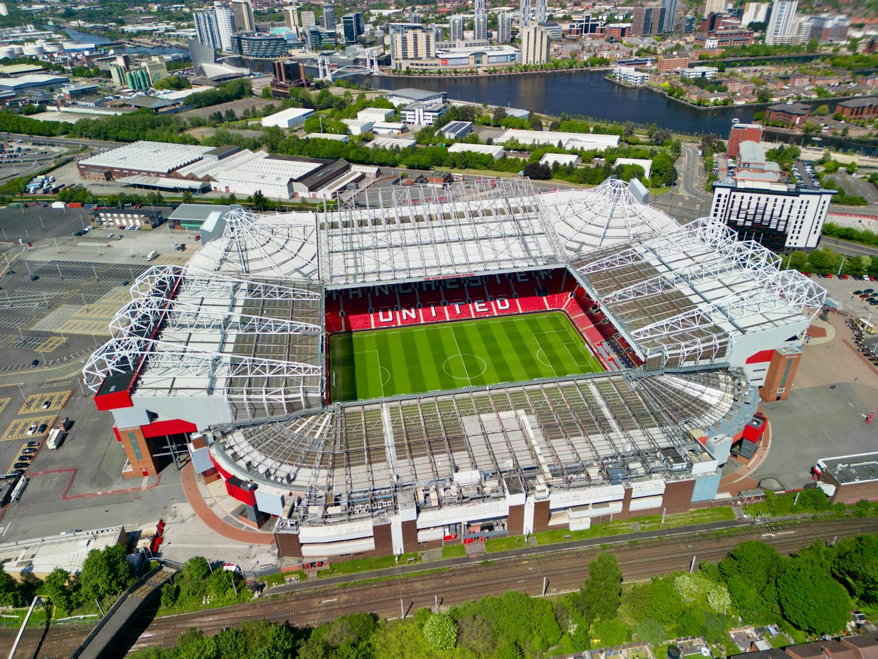 aerial view of the old trafford manchester united football stadium